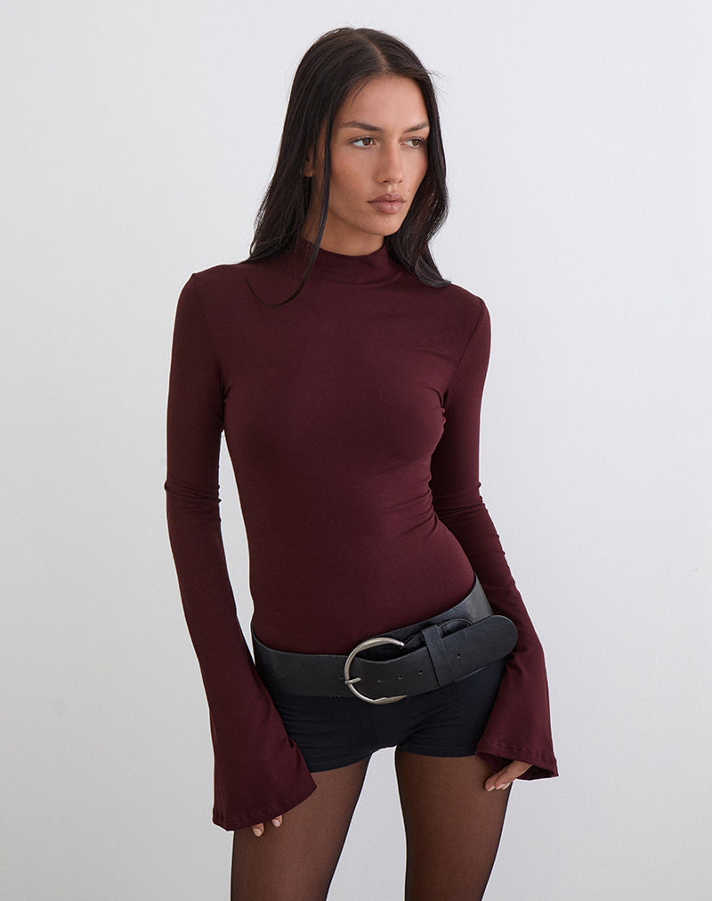 Nell High Neck Long Sleeve Top in Dark Plum