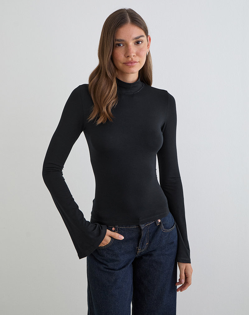 Nell High Neck Long Sleeve Top in Rayon Jersey Black