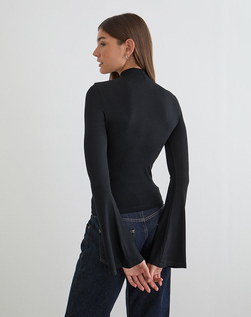 Nell High Neck Long Sleeve Top in Rayon Jersey Black