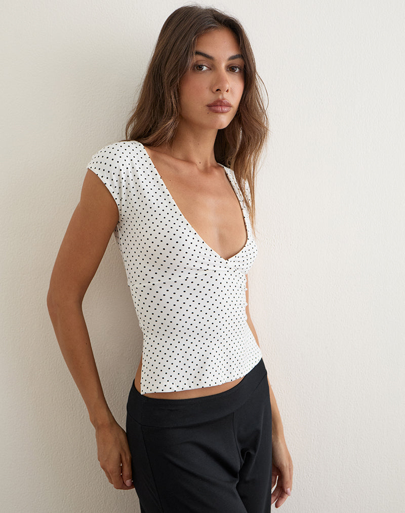 Netan Crossover Top in White with Micro Polka Black