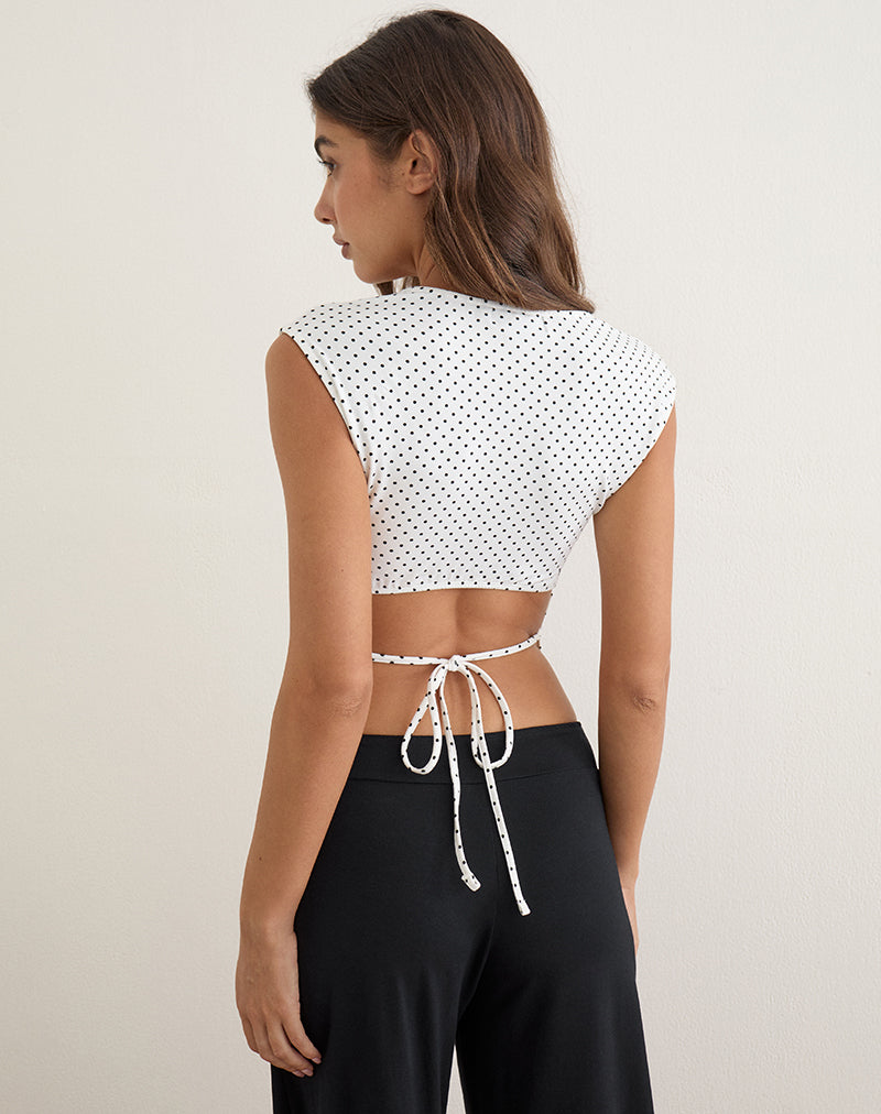 Netan Crossover Top in White with Micro Polka Black