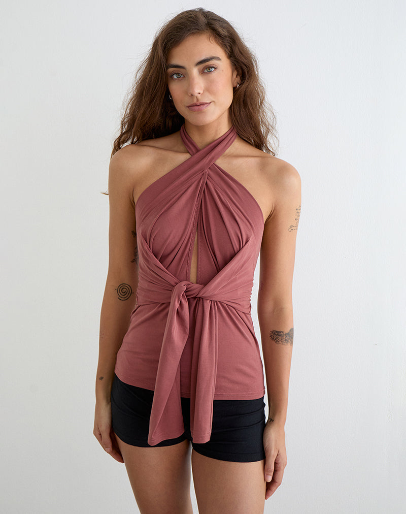 Nezuko Multi Tie Long Sleeve Top in Cupro Dark Rose