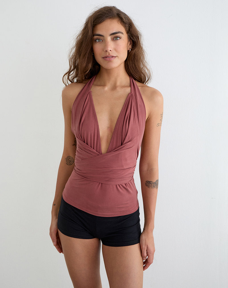 Nezuko Multi Tie Long Sleeve Top in Cupro Dark Rose