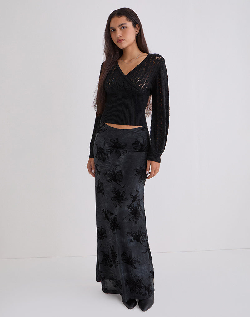 Nilara Wrap Top in Pointelle Knit Black
