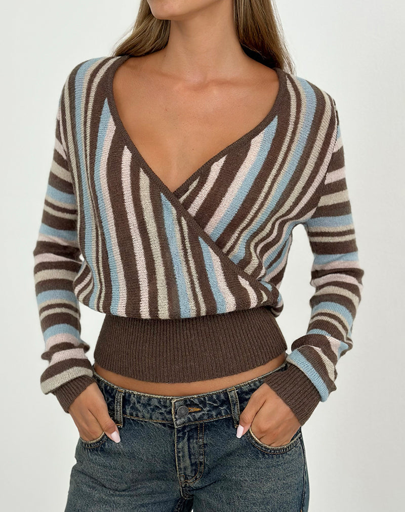 Nilza Wrap Top in Knit Stripe Brown