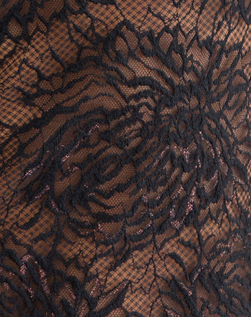 Noir Long Sleeve V Neck Top in Lace Black