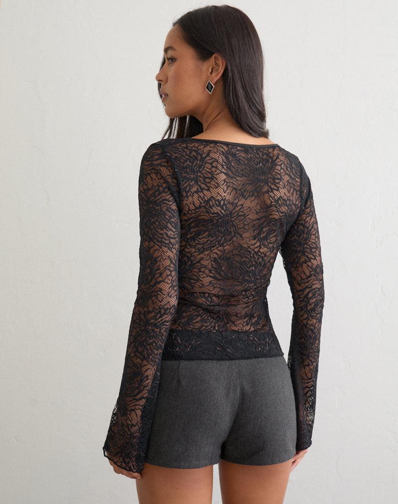 Noir Long Sleeve V Neck Top in Lace Black