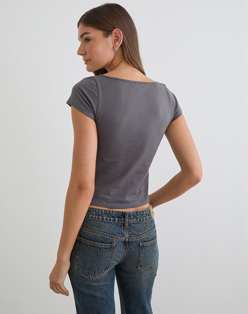 Obanai Short Sleeve V Neck Top in Charcoal Grey