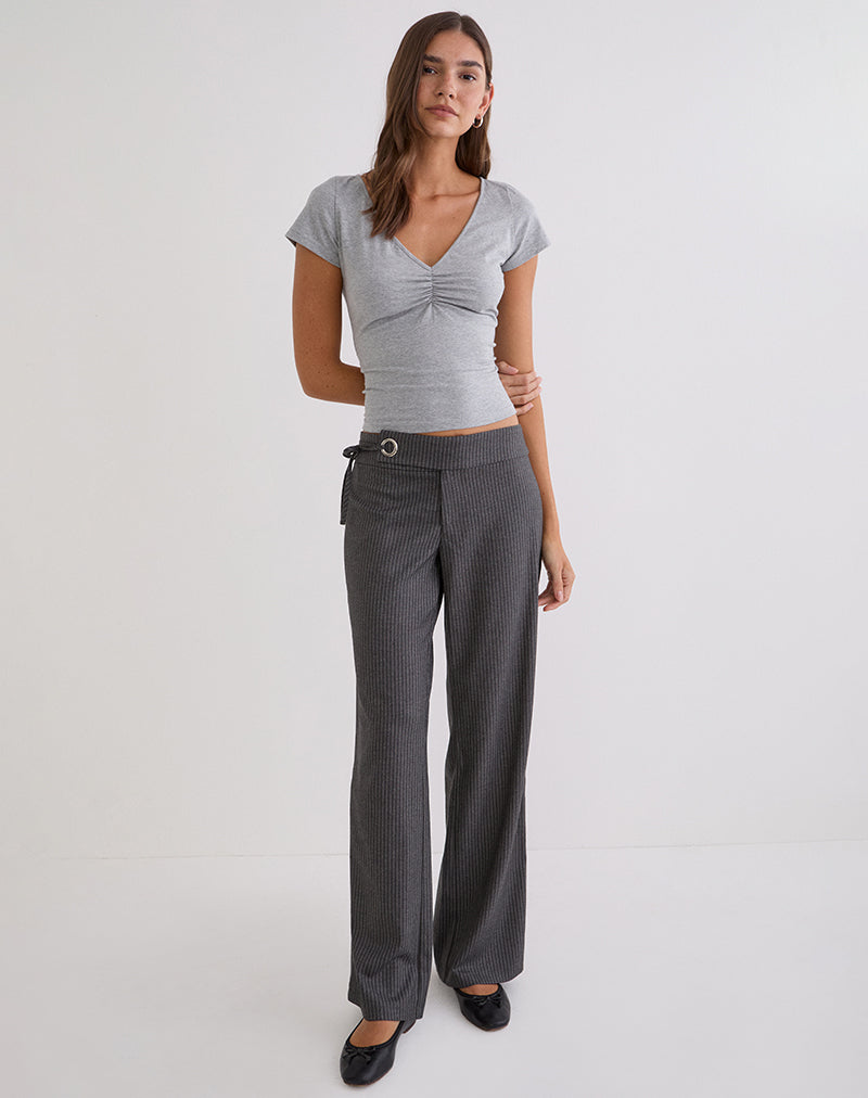 Obanai Short Sleeve V Neck Top in Grey Marl
