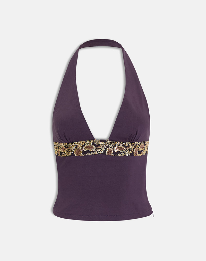 Orvio Halter Top in Deep Purple with Embroidered Sequin Trim