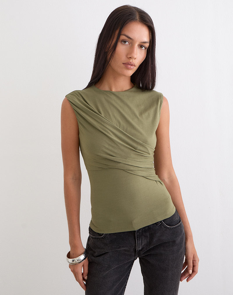 Otso Twist Wrap Top in Rayon Jersey Khaki