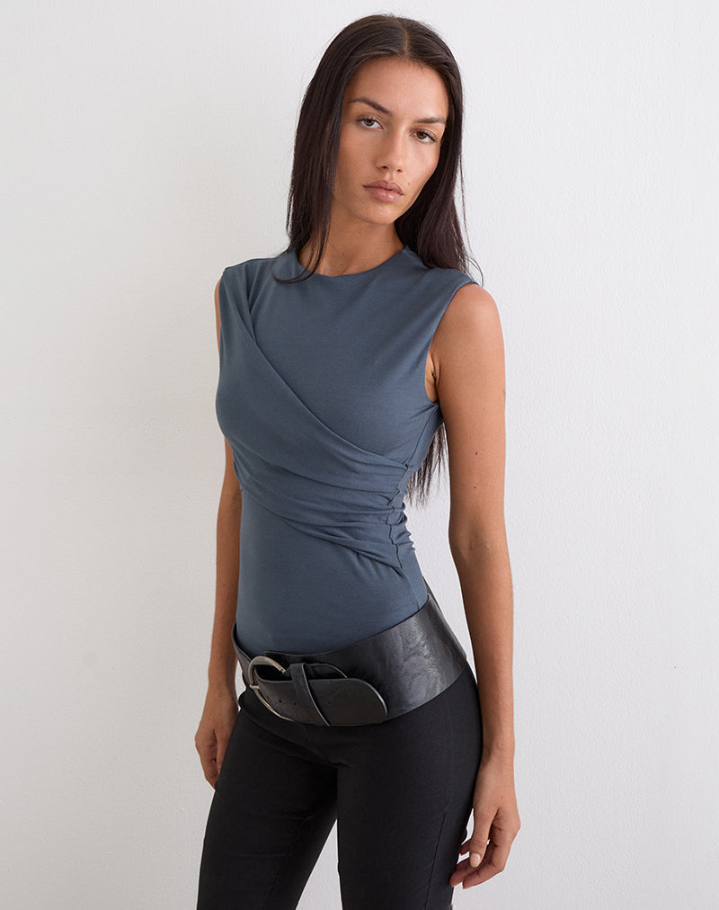 Otso Twist Wrap Top in Rayon Jersey Ocean Storm