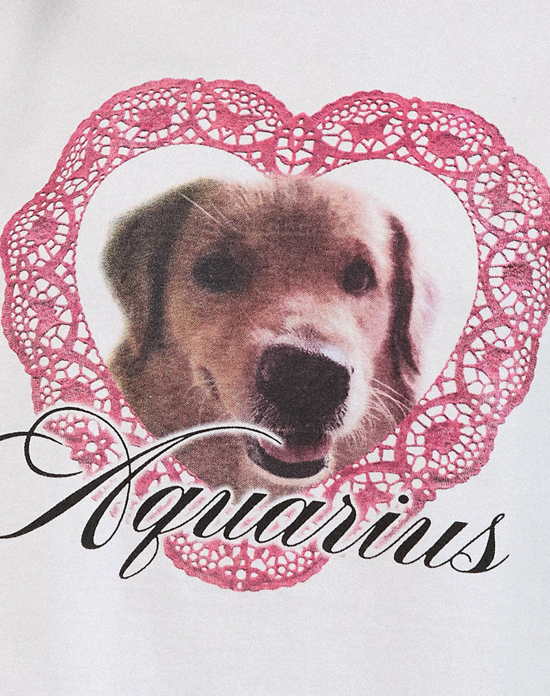 Oversized Basic Tee in White with Aquarius Dog Graphic