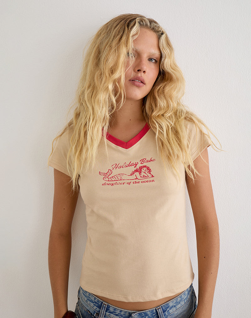 Parman Top in Tan with Red Binding and Mermaid Graphic