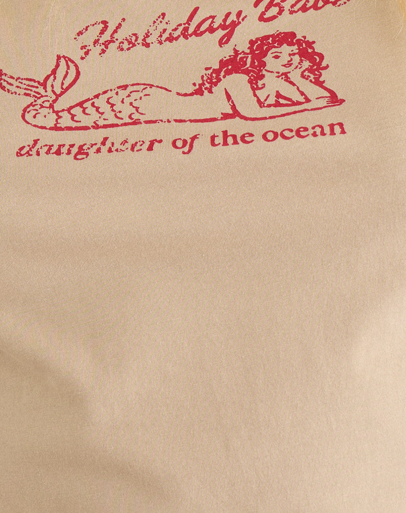 Parman Top in Tan with Red Binding and Mermaid Graphic