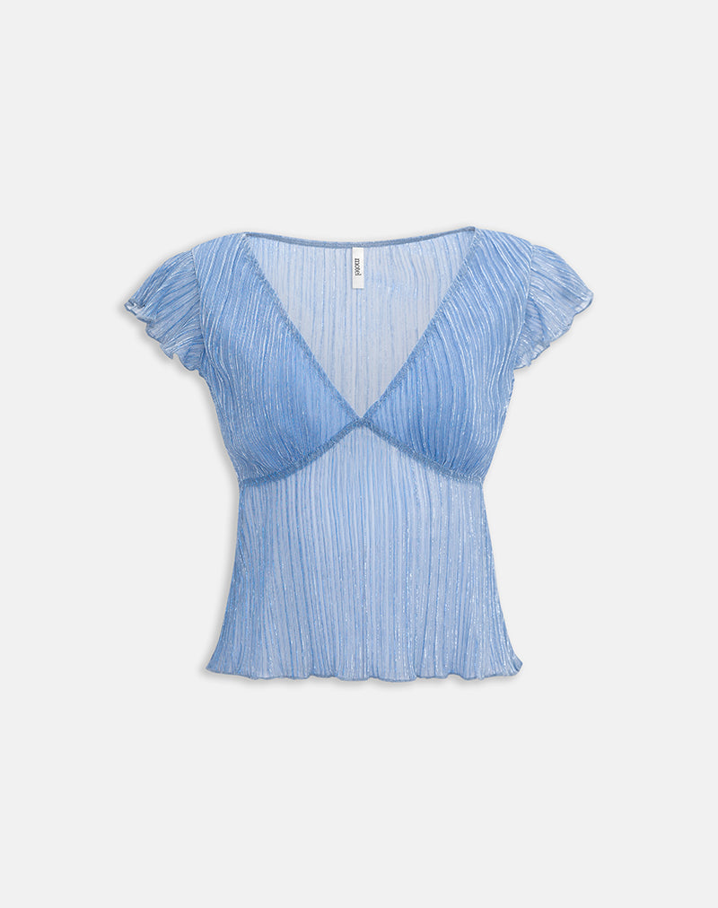Pharita V Neck Top in Plisse Blue