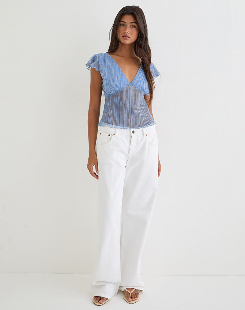 Pharita V Neck Top in Plisse Blue
