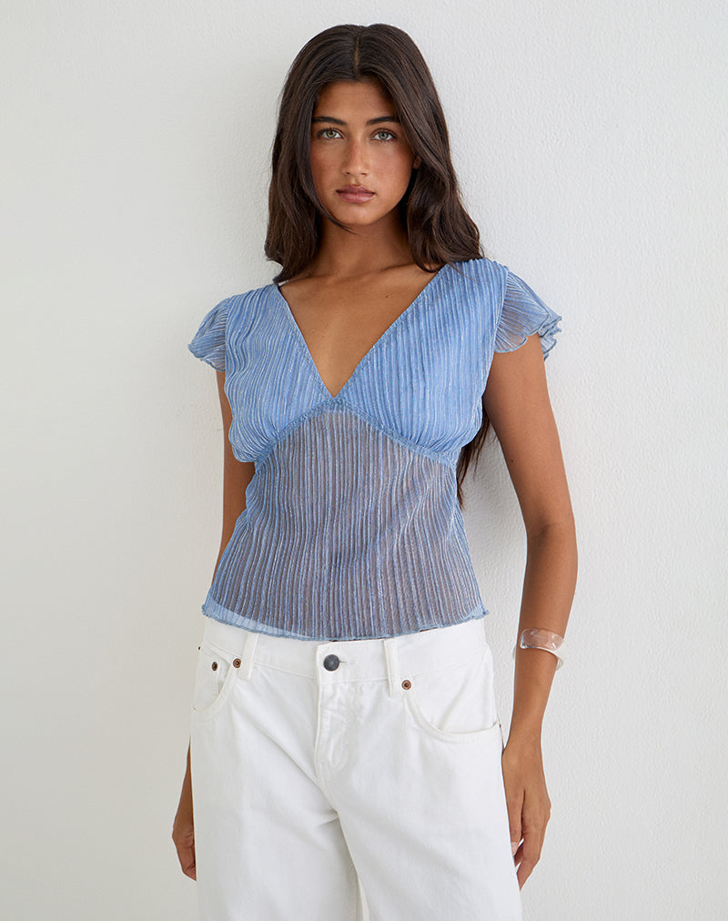 Pharita V Neck Top in Plisse Blue