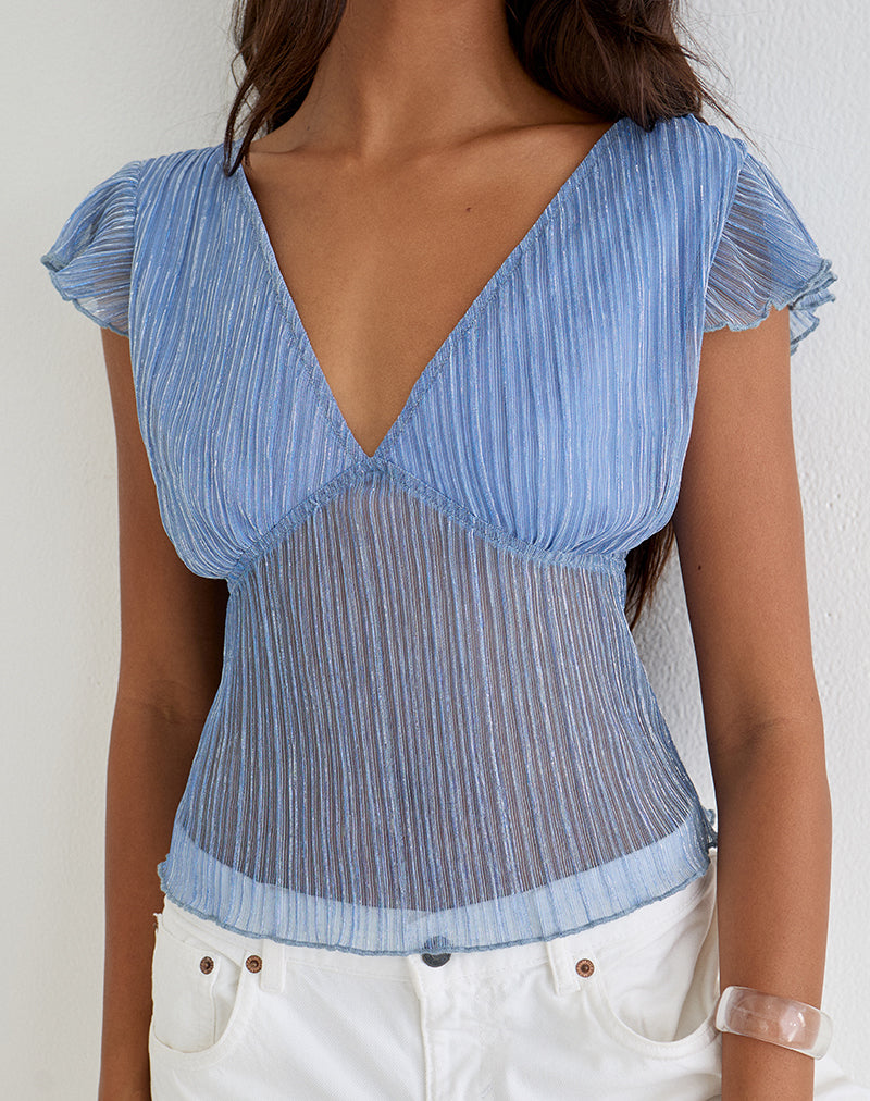 Pharita V Neck Top in Plisse Blue