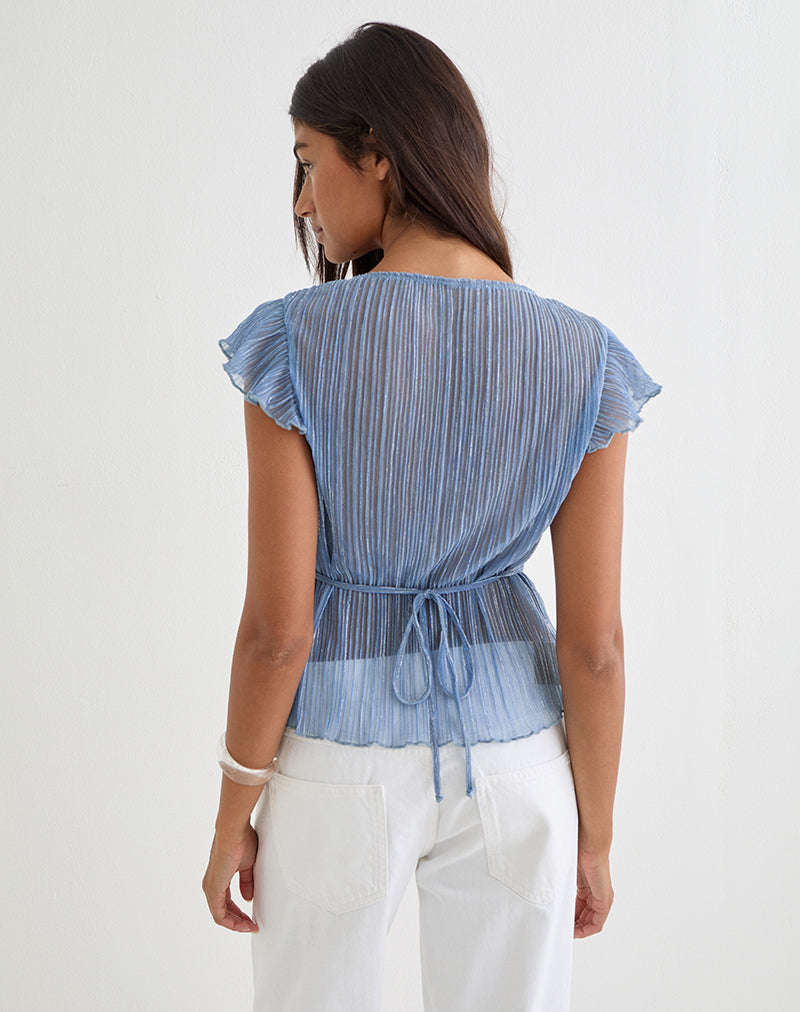 Pharita V Neck Top in Plisse Blue