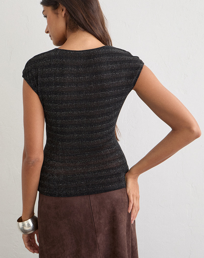 Porsha Keyhole Top in Shimmer Mesh Knit Black