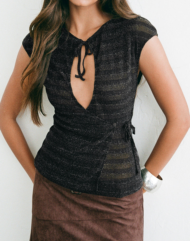 Porsha Keyhole Top in Shimmer Mesh Knit Black
