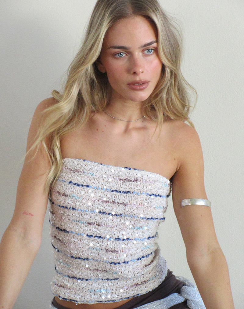 Prana Bandeau Top in Knit Sequin Cream Blue