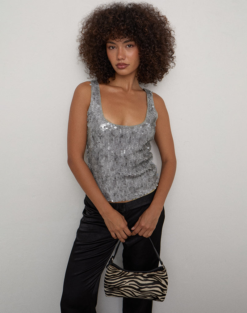 Qian Scoop Vest Top in Disc Sequin Silver