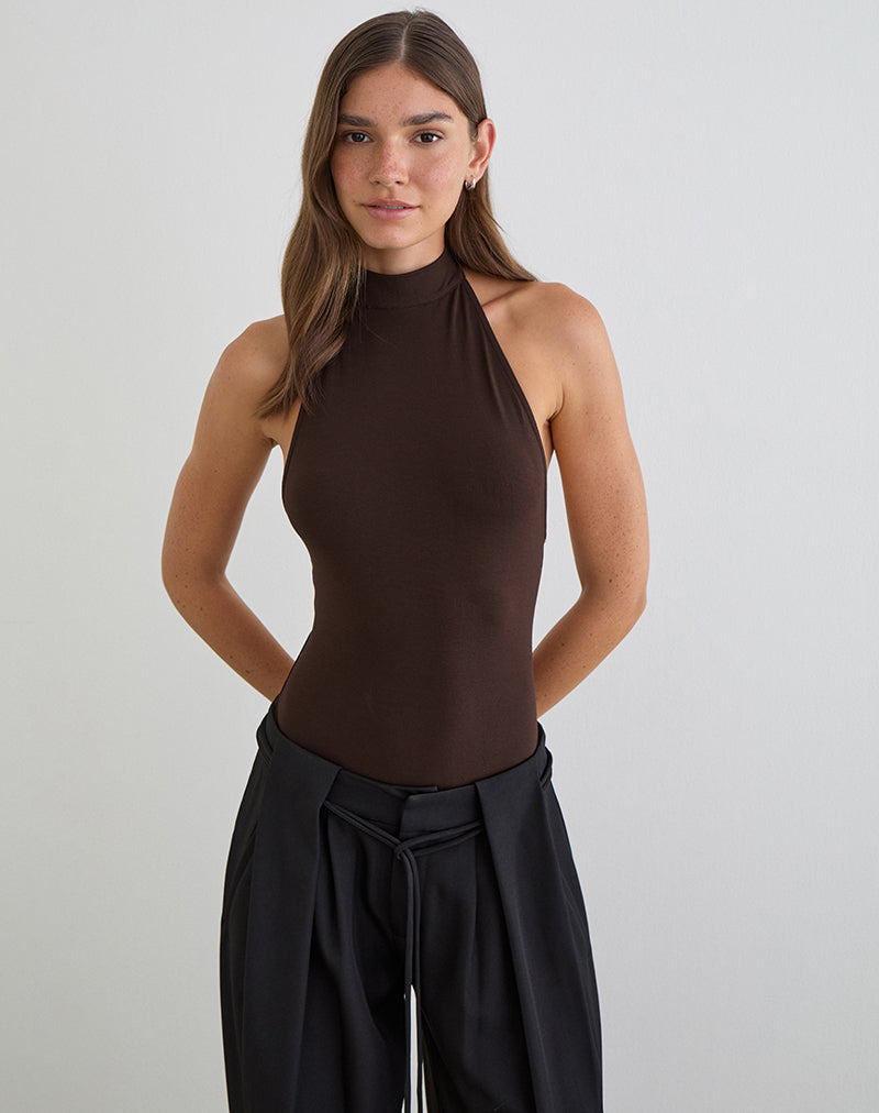 Raleah Halterneck Bodysuit in Jersey Bitter Chocolate