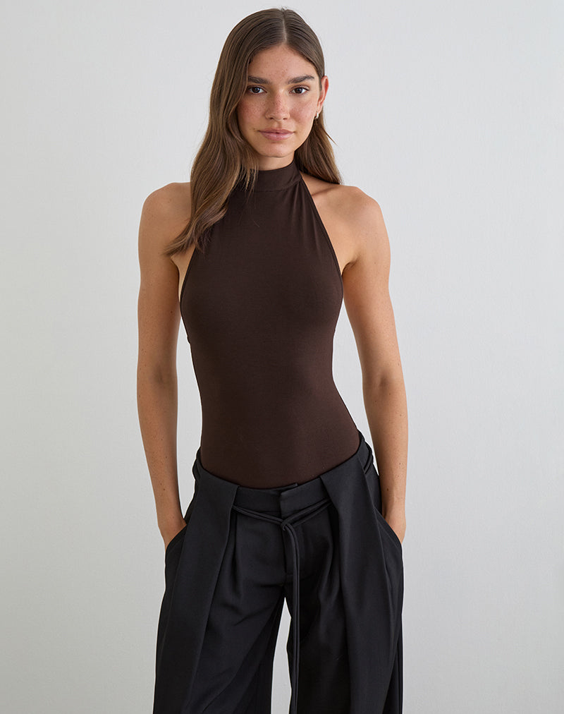Raleah Halterneck Bodysuit in Jersey Bitter Chocolate