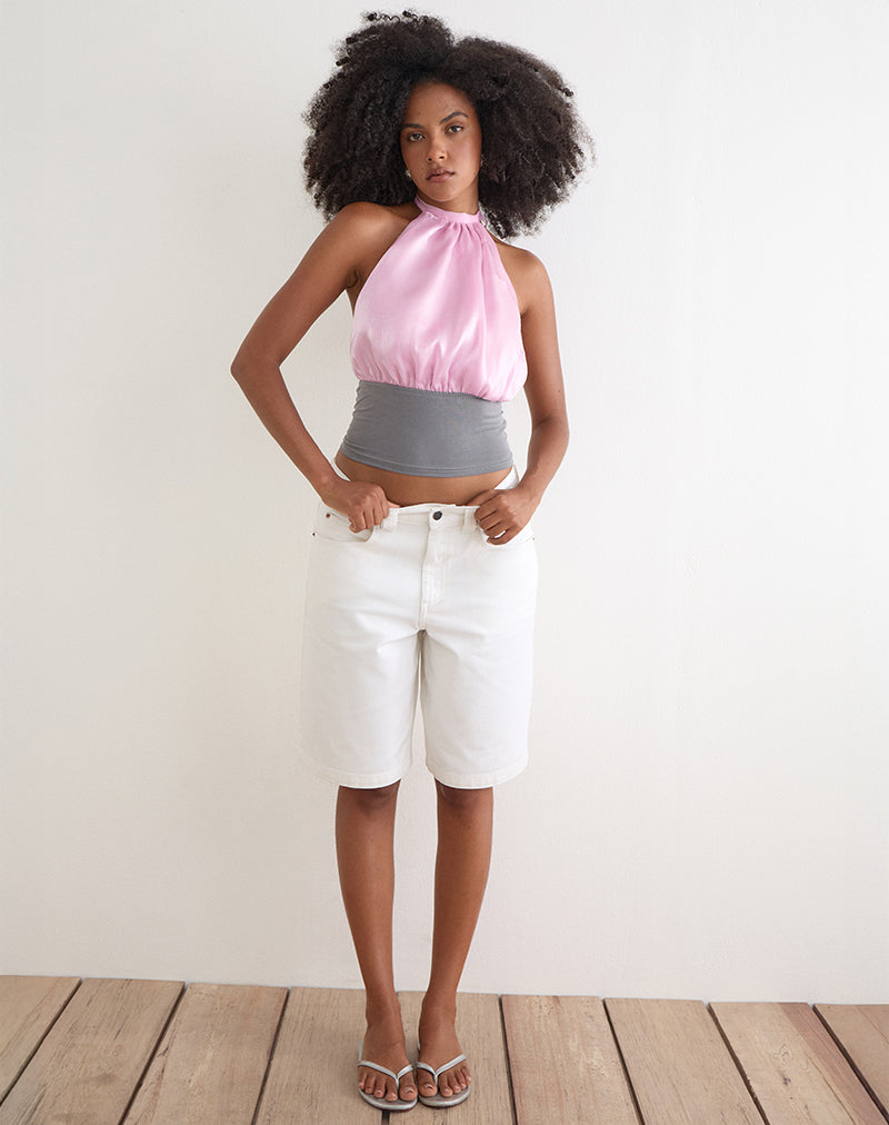 Rania Backless Top in Satin Organza Pink with Grey Contrast