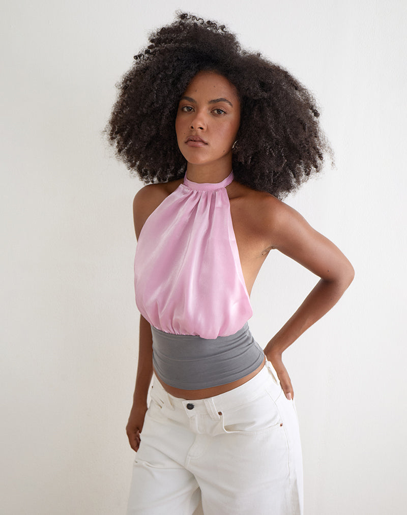 Rania Backless Top in Satin Organza Pink with Grey Contrast