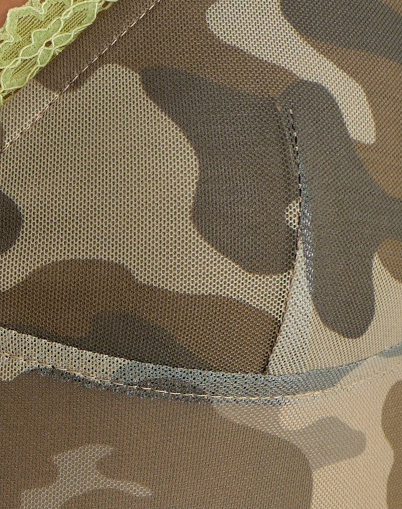 Rasani Cami Top in Mesh Neutral Camo Green with Lace Trim