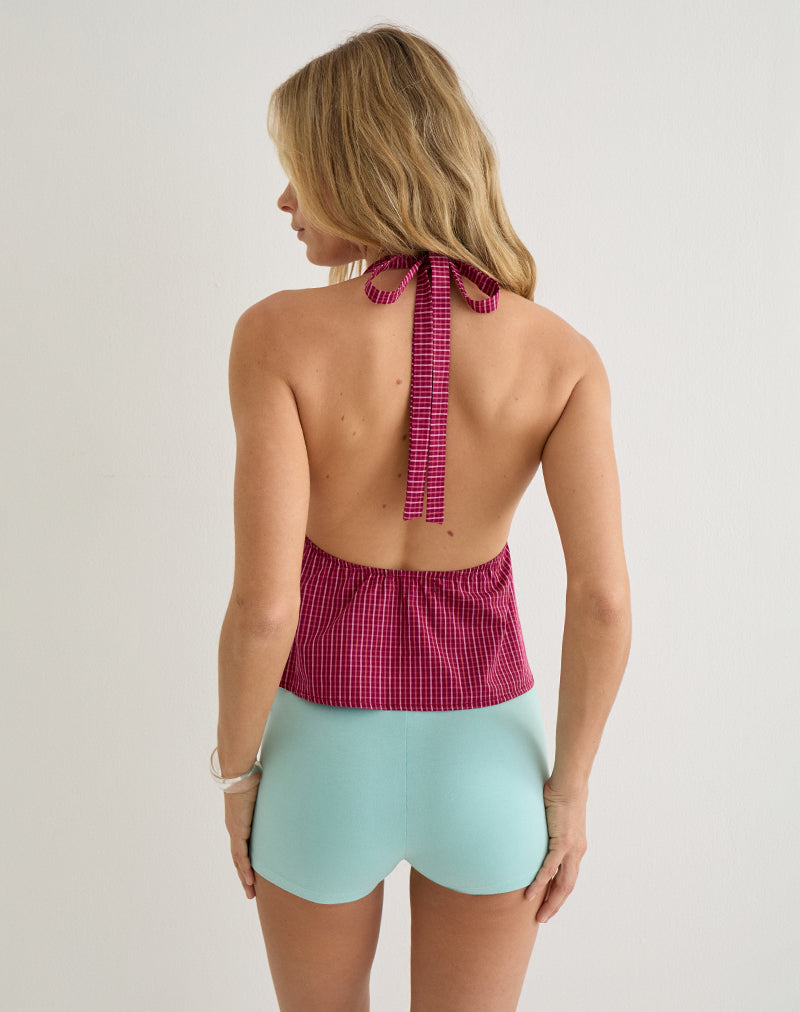 Reem Halterneck Top in Raspberry Shadow Check