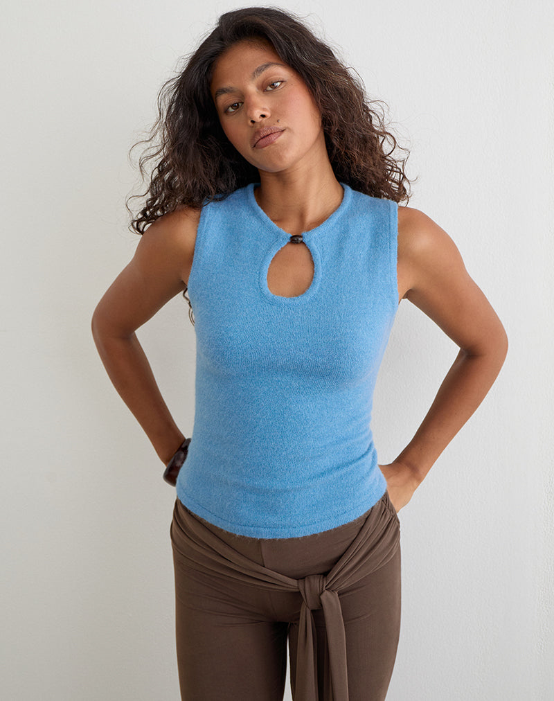 Reita Keyhole Top with Bead in Knit Blue