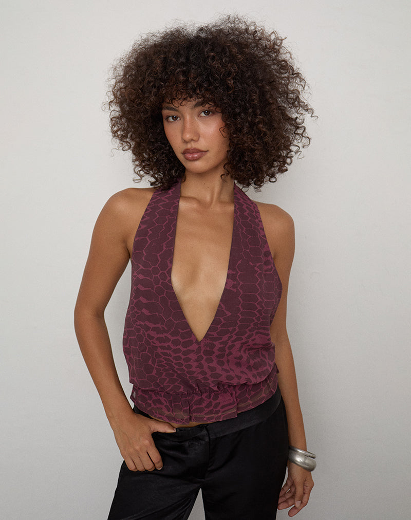 Reo Halter Top in Abstract Snake Windsor Wine