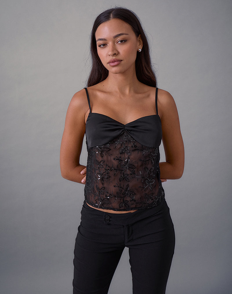 Rikasu Top in Floral Chiffon Sequin Black