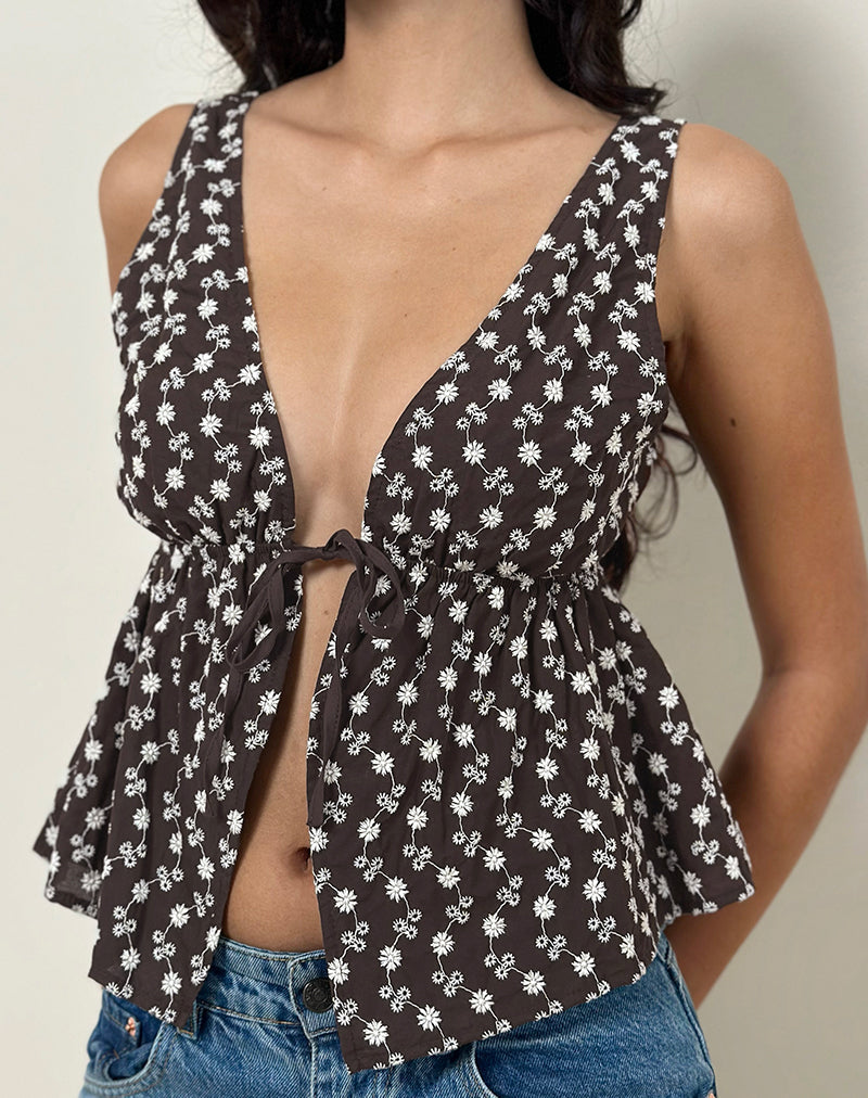 Rolia Tie Front Top in Floral Broderie Brown