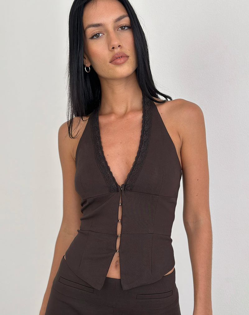 Ronin Top in Lace Trim Tailoring Brown