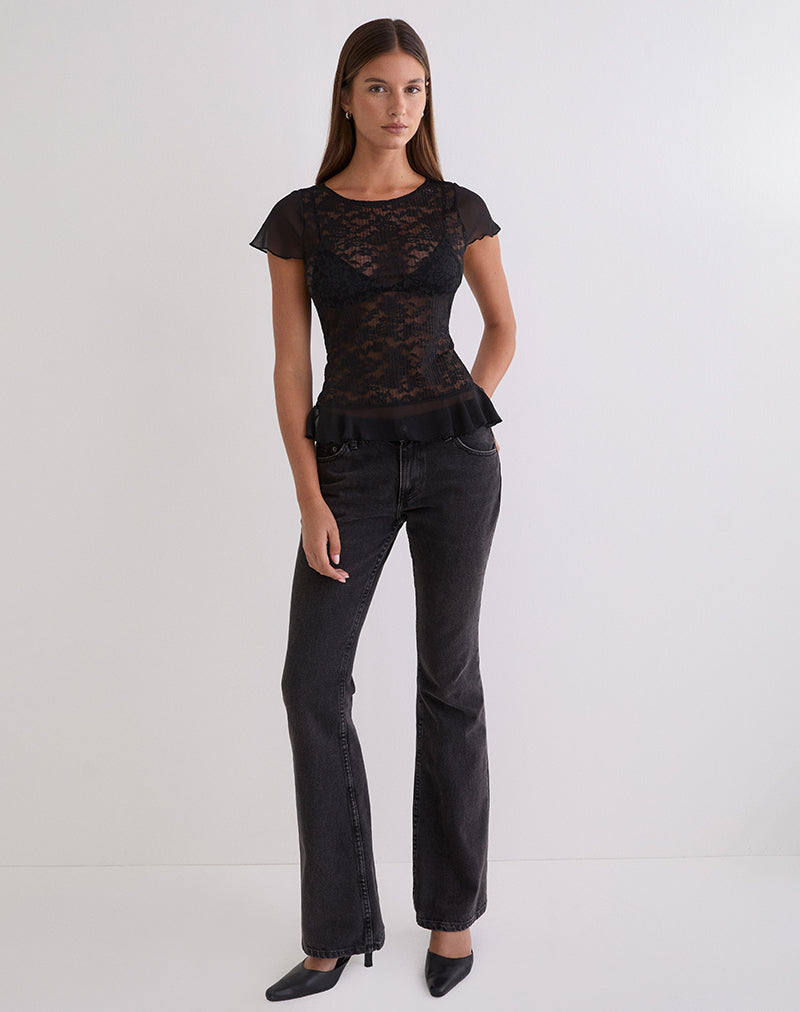Roselani Ruffle Hem Top in Lace Black