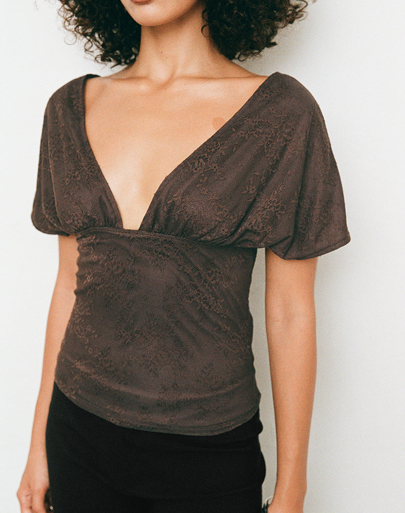 Rovali Top with Tie Back in Lace Chocolate