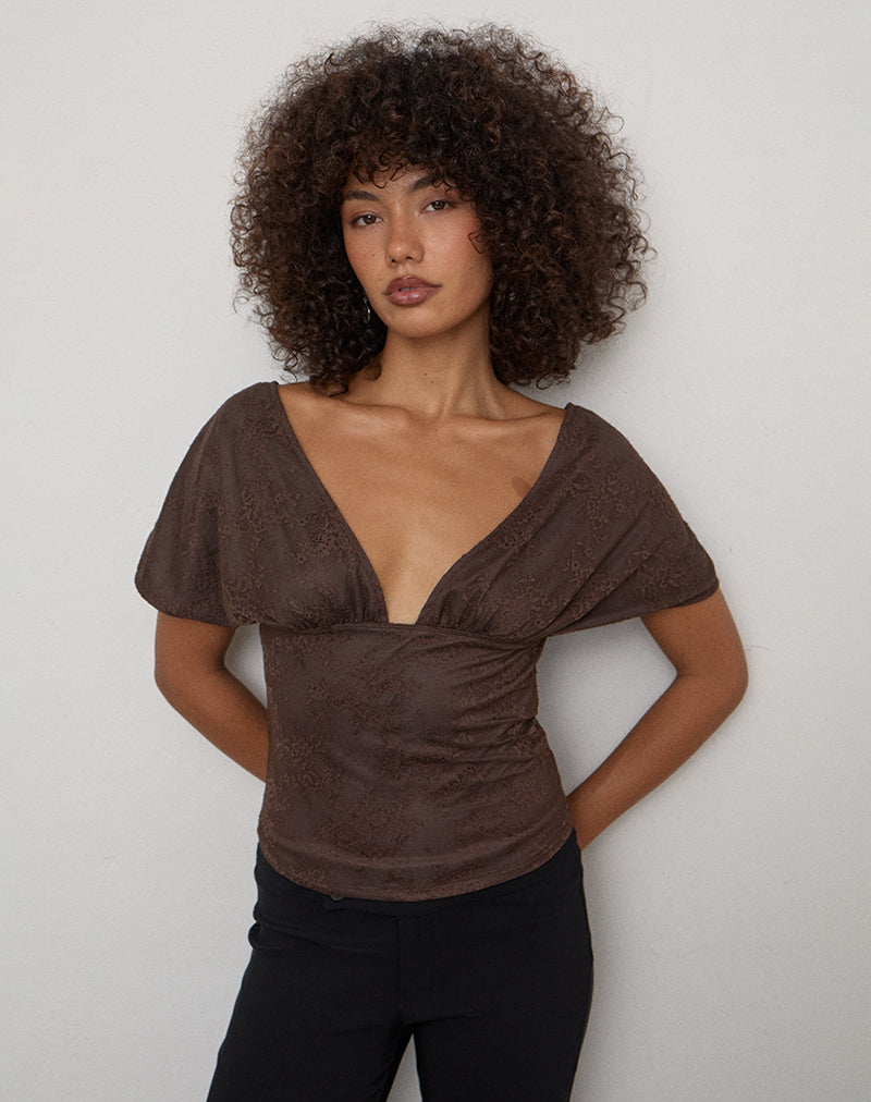 Rovali Top with Tie Back in Lace Chocolate