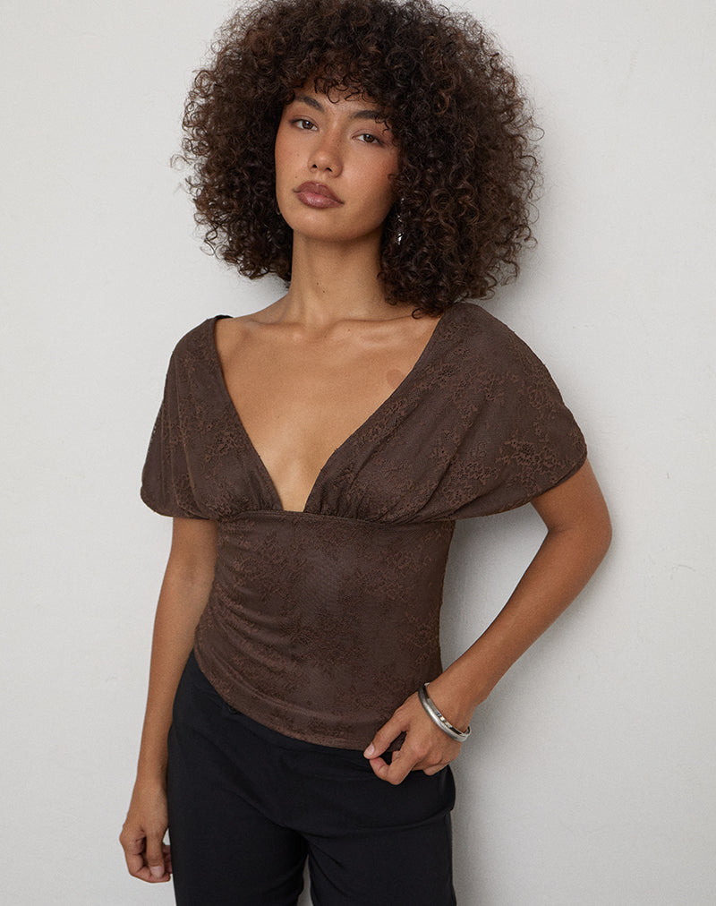 Rovali Top with Tie Back in Lace Chocolate