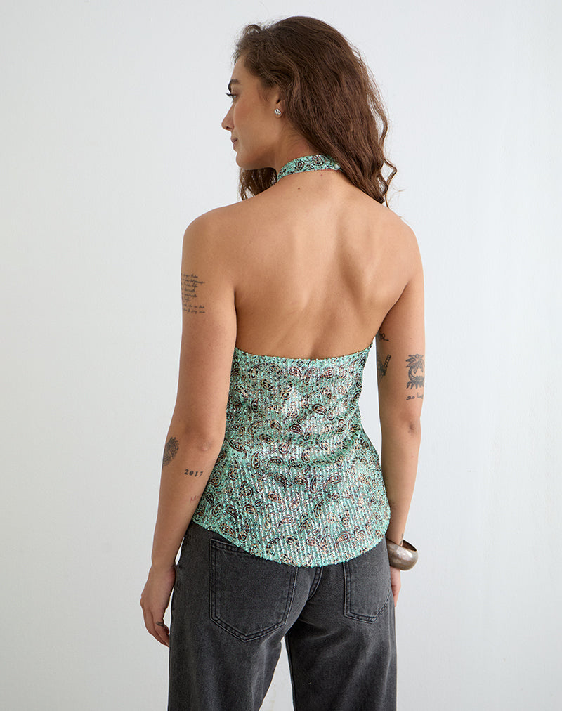 Ruwiko Halterneck Top in Paisley Sequin Teal