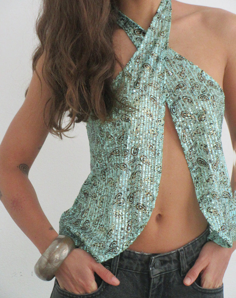Ruwiko Halterneck Top in Paisley Sequin Teal