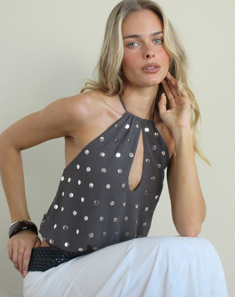 Sabitah Keyhole Top in Studded Chiffon Dark Grey