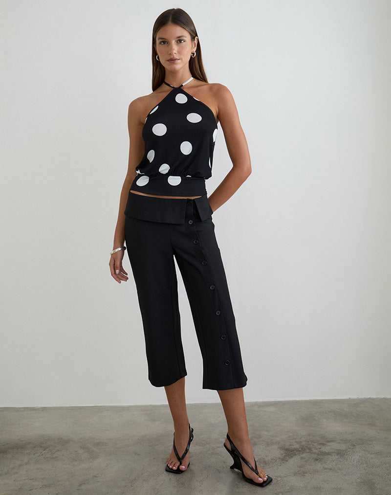Saerin Halter Top in Monochrome Black with White Polka Print