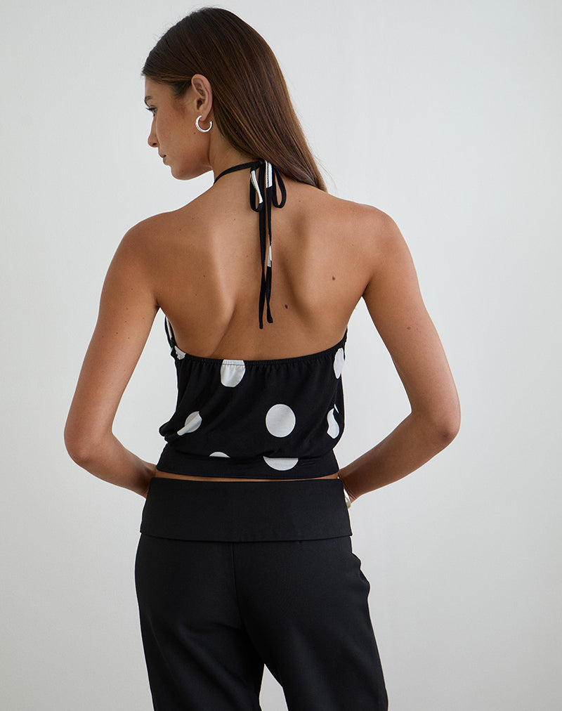 Saerin Halter Top in Monochrome Black with White Polka Print
