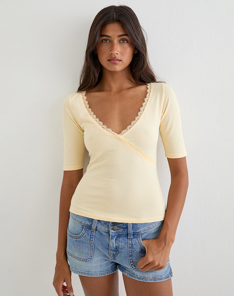 Sajiwa V Neck Top in Buttermilk with Lace Trim