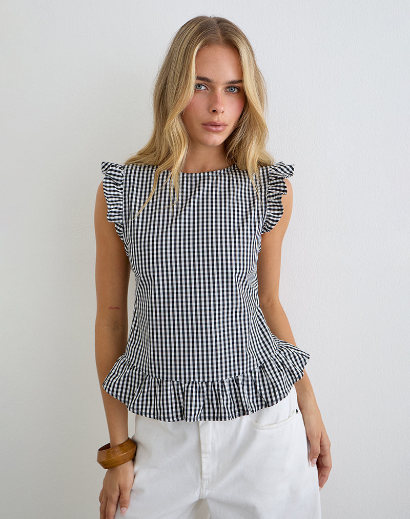 Salome Peplum Top in Mini Gingham Grey